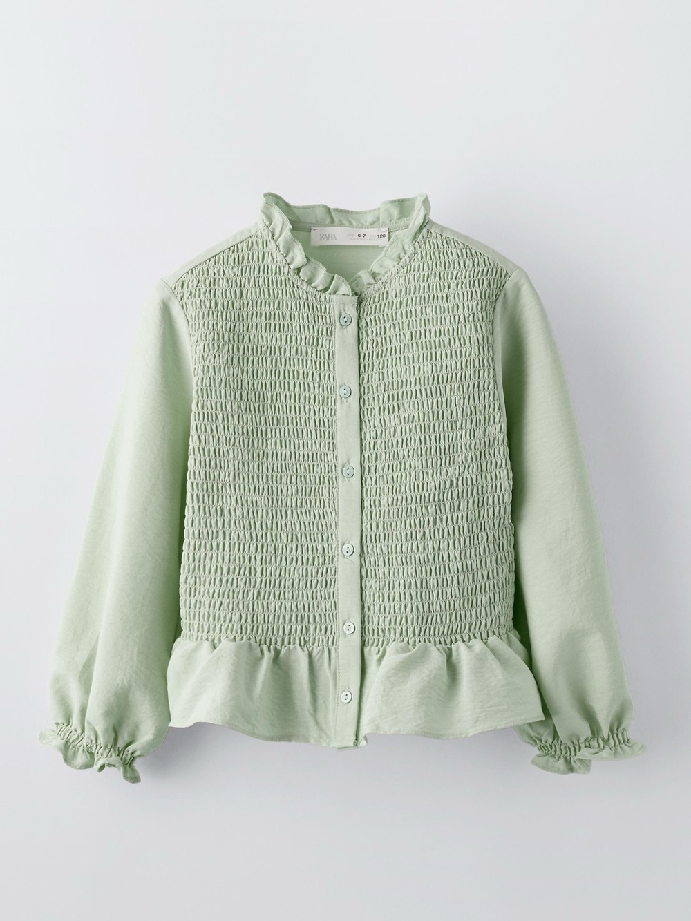 Zara Kids 8-9 Smocked Ruffle Hem Button-Up Blouse Top - Light Sage Green